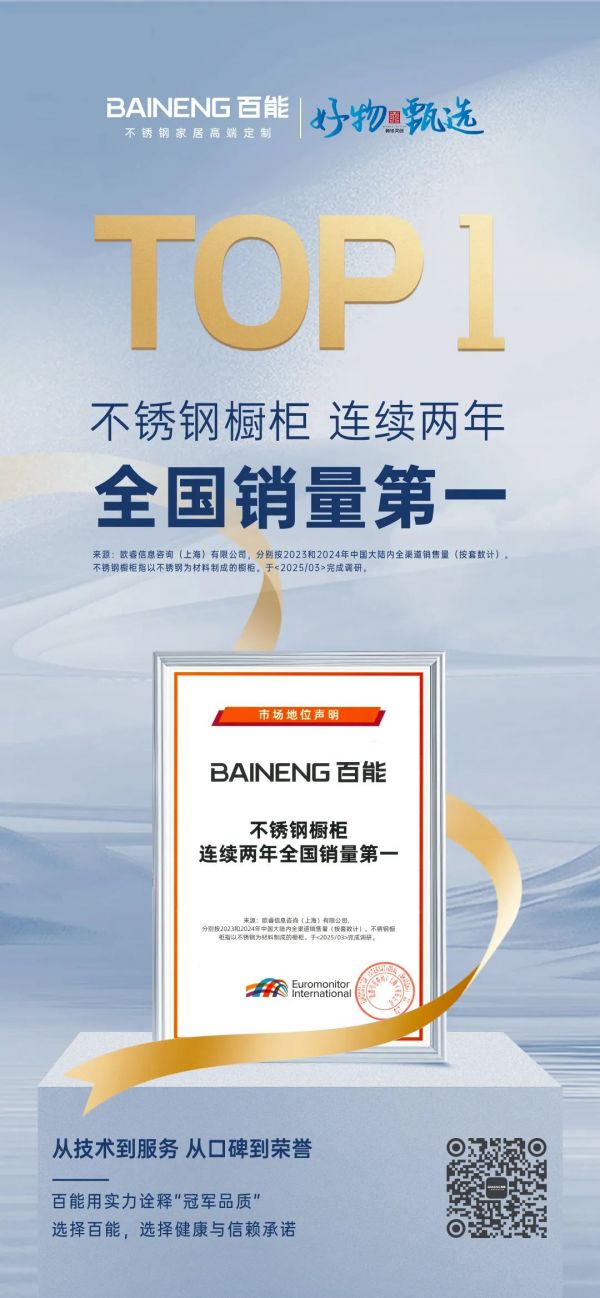 权威认证 | 百能不锈钢橱柜连续两年销量NO.1 ，实力领跑行业新高度