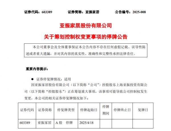 亚振家居今日起停牌：控股股东拟变更控制权，营收不足3亿恐遭退市警示