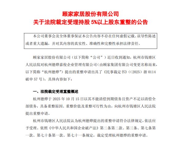 顾家集团申请重整，已被法院受理