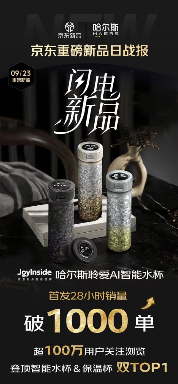 智慧屏加AI喝水提醒 京东携手哈尔斯共创AI智能水杯首发即登双榜TOP1