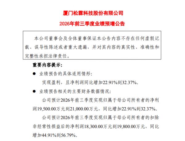 松霖科技发布2026前三季度业绩预告，净利预增 22.91%-32.37%